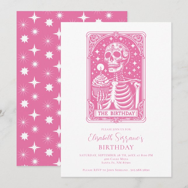Invitation Funny Tarot Pink Birthday (Devant / Derrière)