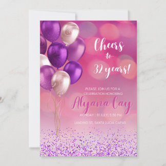 Invitation Fuschia en cercle rose lumière avec ballons violet