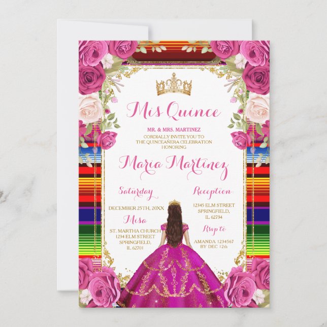Invitation Fuschia Rose Floral Princesse fille Quinceañera (Devant)