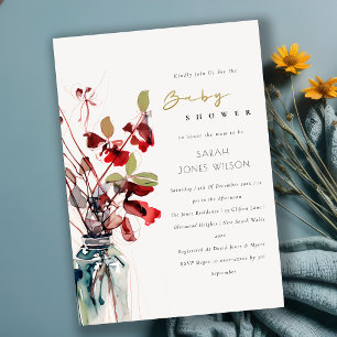Invitation Fuschia Rouge Vert Floral Vintage Bohème Baby Show