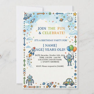 Invitation Fusée spatiale colorée et robot pour joyeux annive
