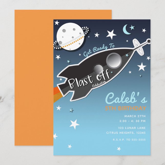Invitation Fusée spatiale qui décolle pour une fête d'anniver (Devant / Derrière)