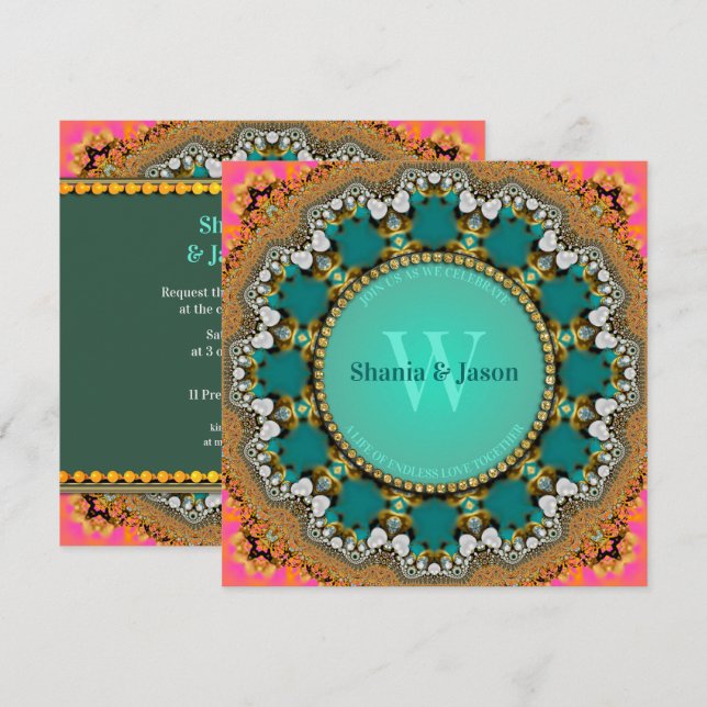 Invitation Fusion Tribale Eastern Jewel Turquoise Or & Rose C (Devant / Derrière)