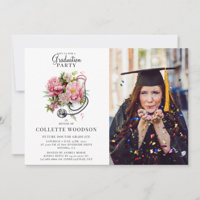 Invitation Futur Docteur Floral Stethoscope Photo Graduation (Devant)