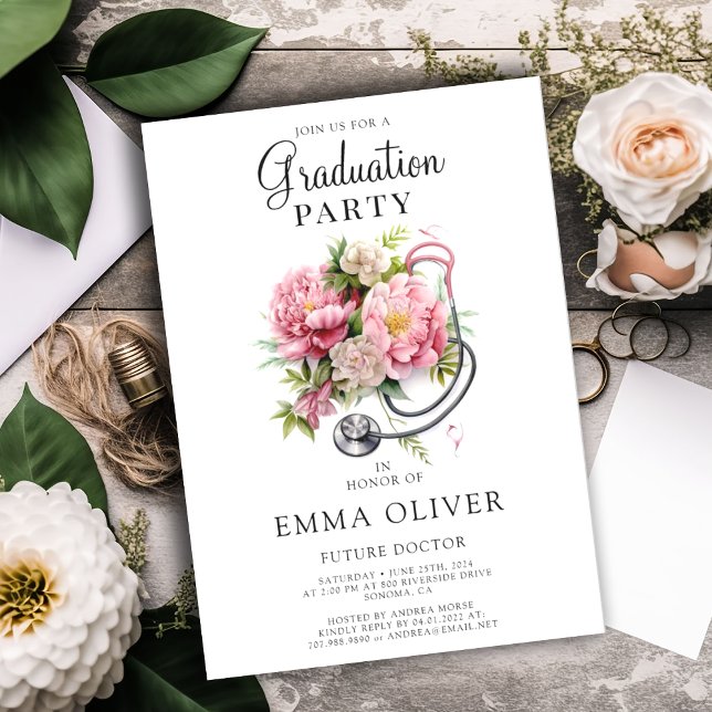 Invitation Futur Docteur Pink Floral Stethoscope Graduation (Créateur téléchargé)
