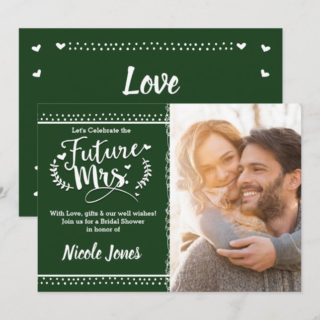 Invitation FUTURE MRS. Fête des mariées verte de pin (Devant / Derrière)