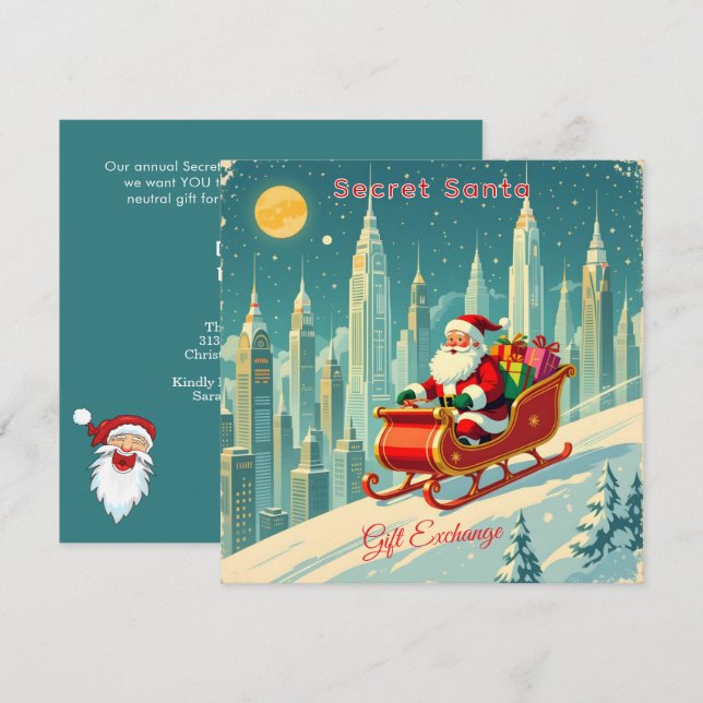 Invitation Futuristic City Santa Sleigh Gift Exchange Square (Devant / Derrière)