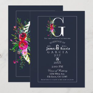Invitation G Monogramme Dernière Initiale Moderne Fleurs Bleu