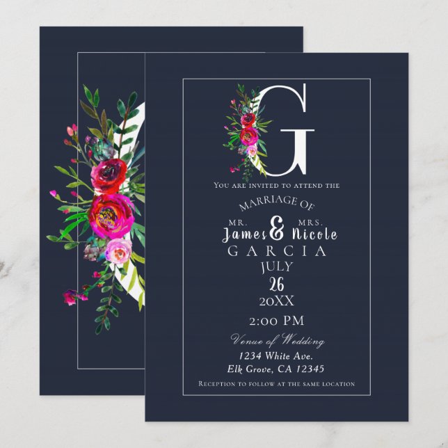 Invitation G Monogramme Dernière Initiale Moderne Fleurs Bleu (Devant / Derrière)