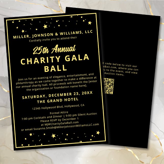 Invitation Gala de collecte de fonds de bienfaisance Événemen (Elegant Charity Fundraiser Ball Corporate Celebration Silent Auction in Black with Gold Stars.)