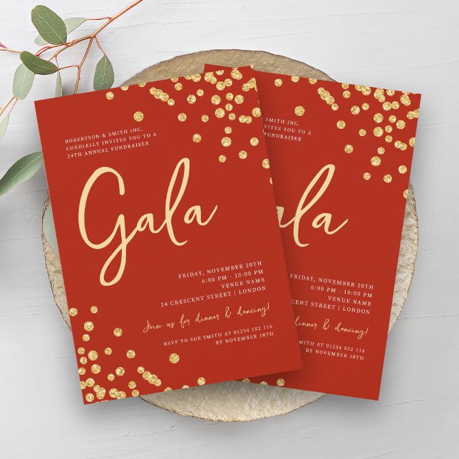 Invitation Gala d'entreprise officiel Parties scintillant d'o (Formal Corporate Gala Gold Glitter Confetti Red Invitation)