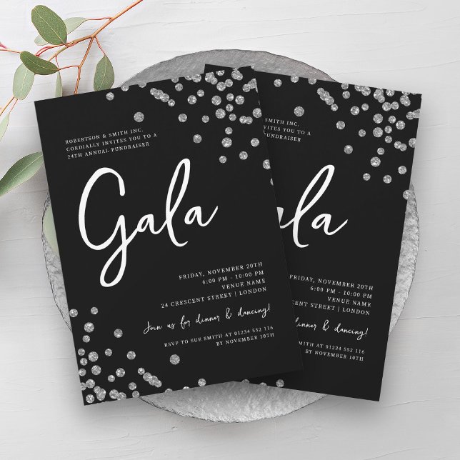 Invitation Gala d'entreprise officiel Silver Confetti Noir (Formal Corporate Gala Silver Confetti Black Invitation)