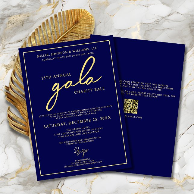 Invitation Gala événement Charity collecte de fonds Elegant B (Gala Event Charity Fundraiser Elegant Navy Blue and Gold Invitation with Script Calligraphy, QR Code)