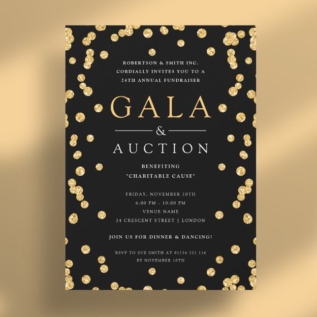 Invitation Gala officiel d'entreprise et vente aux enchères P (Formal Corporate Gala & Auction Gold Glitter Black Invitation)