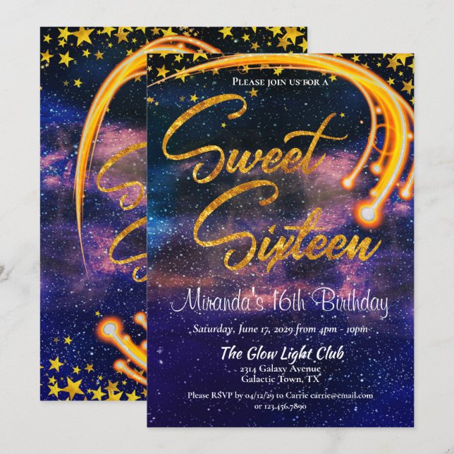 Invitation Galactique Lumière Sweet sixteen fête d'anniversai (Devant / Derrière)