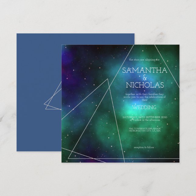 Invitation Galaxie bleue céleste verte Mariage Abstrait (Devant / Derrière)