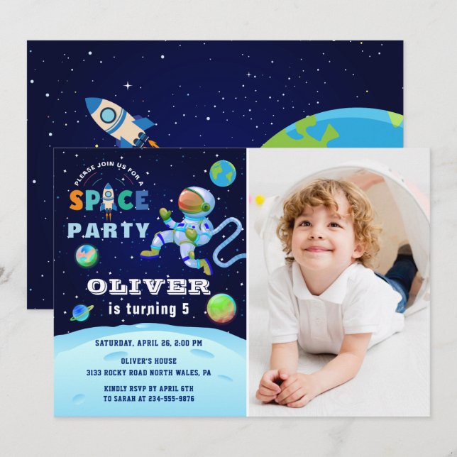Invitation Galaxie de l'astronaute bleu Espace extra-atmosphé (Devant / Derrière)
