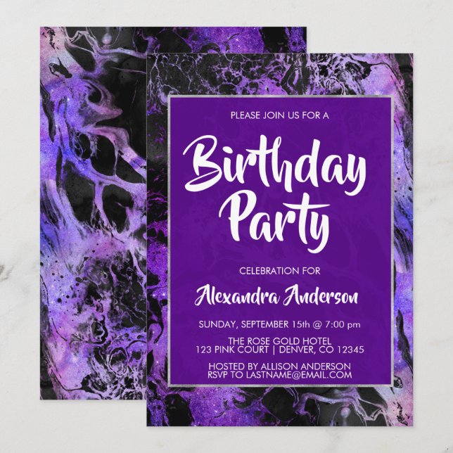 Invitation Galaxie de marbre pourpre avec étoiles Anniversair (Devant / Derrière)