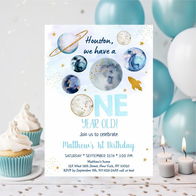 Invitation Galaxy Blue Gold Espace extra-atmosphérique Premie (Créateur téléchargé)
