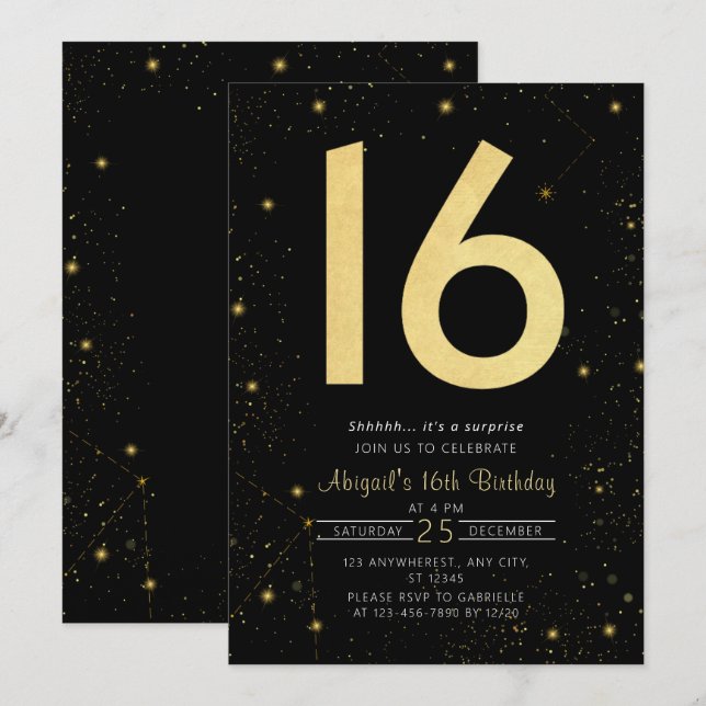 Invitation Galaxy moderne Black Gold Sweet 16e fête d'anniver (Devant / Derrière)