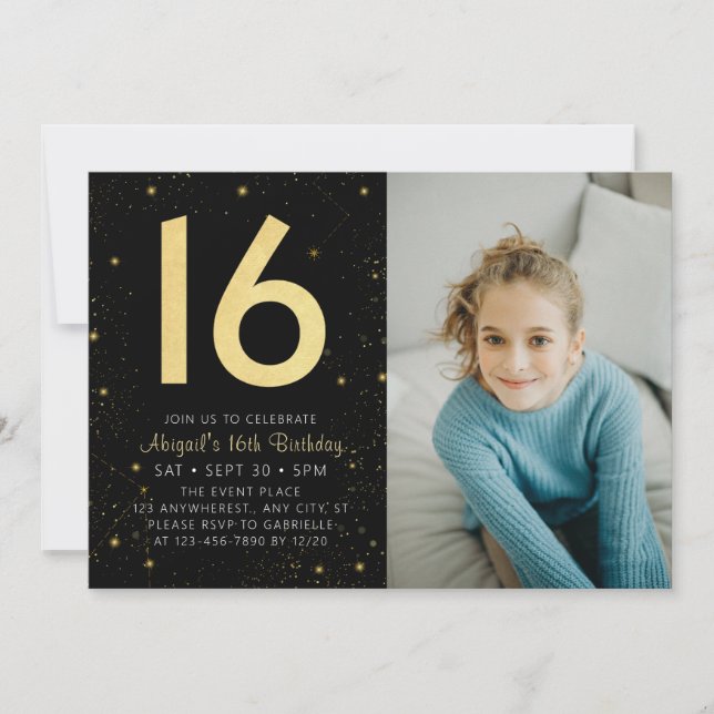 Invitation Galaxy moderne Photo Black Gold 16e fête d'anniver (Devant)