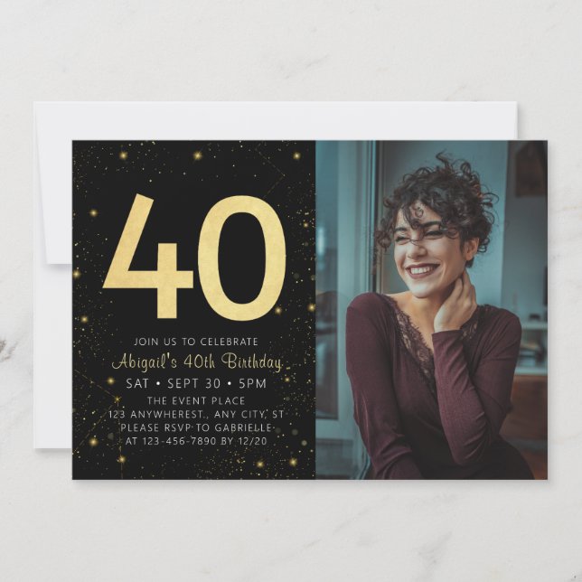 Invitation Galaxy moderne photo Black Gold 40e anniversaire f (Devant)