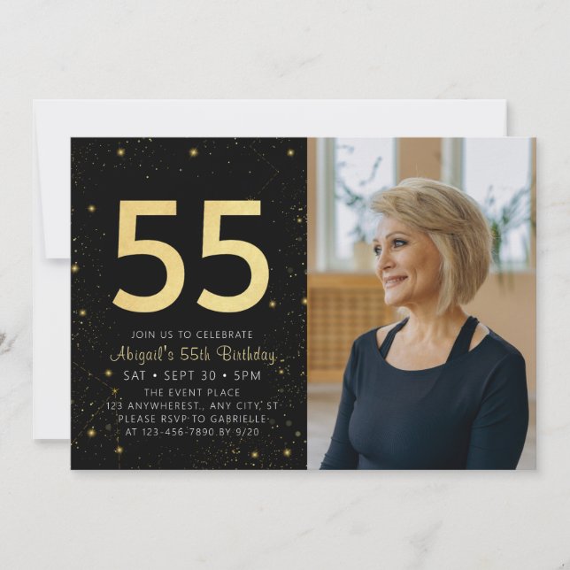 Invitation Galaxy moderne photo Black Gold 55e fête d'anniver (Devant)