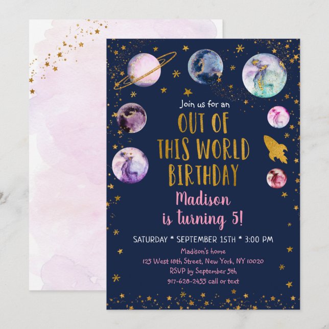 Invitation Galaxy Pink Gold de cet anniversaire mondial (Devant / Derrière)