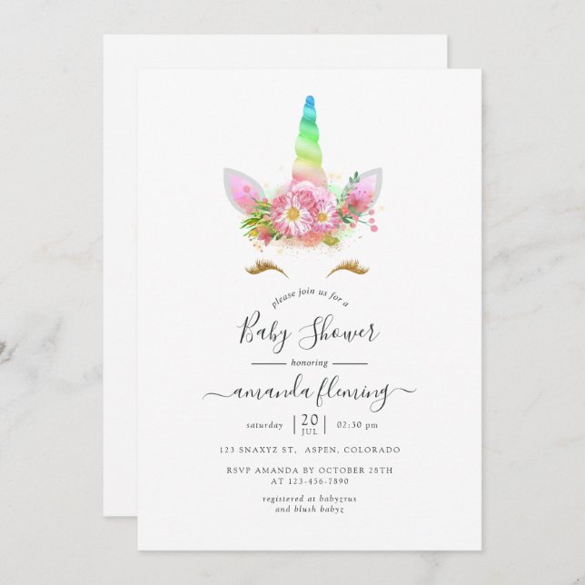 Invitation Galaxy Rainbow Floral Unicorn Baby shower (Devant / Derrière)