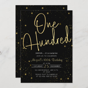 Invitation Galaxy Script Black and Gold 100e fête d'anniversa