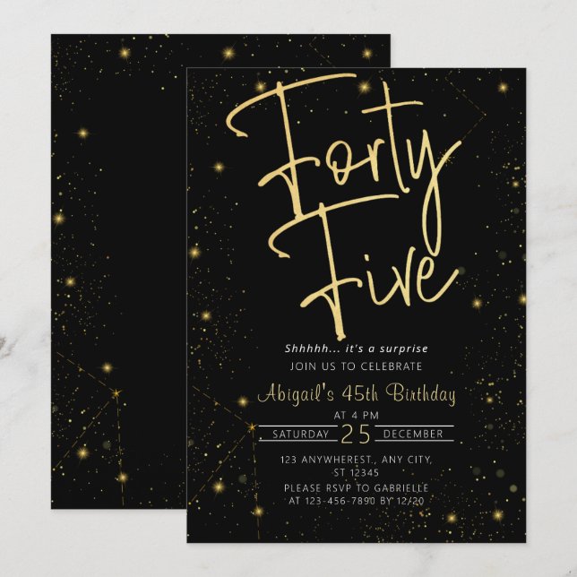 Invitation Galaxy Script Black and Gold 45e fête d'anniversai (Devant / Derrière)