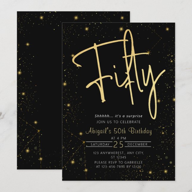 Invitation Galaxy Script Black and Gold 50th Birthday Party (Devant / Derrière)