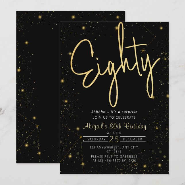 Invitation Galaxy Script Black and Gold 80th Birthday Party (Devant / Derrière)