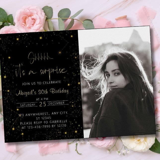 Invitation Galaxy Script Photo Black and Gold Anniversaire Pa ( Galaxy Script Photo Black and Gold Birthday Party Invitation ()