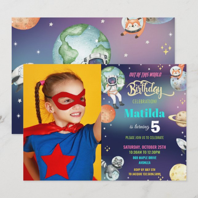 Invitation Galaxy Space Astronaut Planets Girl Birthday Photo (Devant / Derrière)