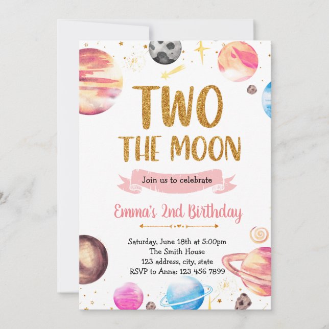 Invitation Galaxy spatiale fille deux la lune (Devant)