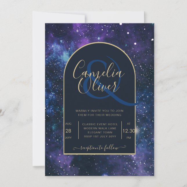 Invitation Galaxy Starry Night Marine Blue Gold Mariage (Devant)