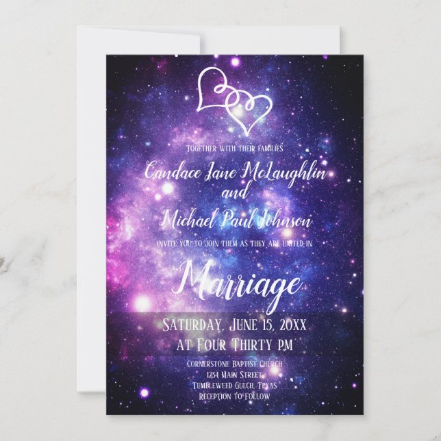 Invitation Galaxy Starry Night Space Double Hearts Mariage (Devant)
