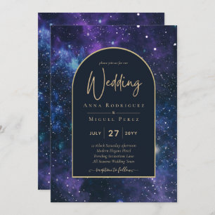Invitation Galaxy Starry Nuit violet bleu Mariage or