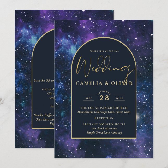 Invitation Galaxy Starry Nuit violet bleu Mariage or (Devant / Derrière)