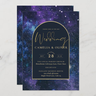 Invitation Galaxy Starry Nuit violet bleu Mariage or