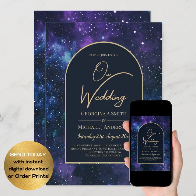 Invitation Galaxy Starry Nuit violet bleu Mariage or (Créateur téléchargé)