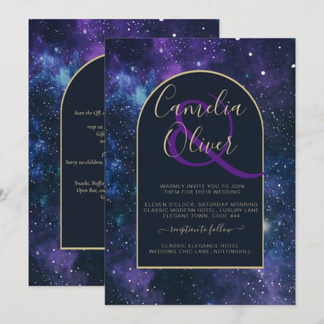 Invitation Galaxy Starry Nuit violet bleu Mariage or (Devant / Derrière)
