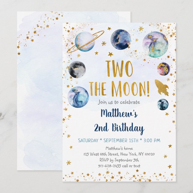 Invitation Galaxy Two The Moon Blue Gold Outer Space Annivers (Devant / Derrière)
