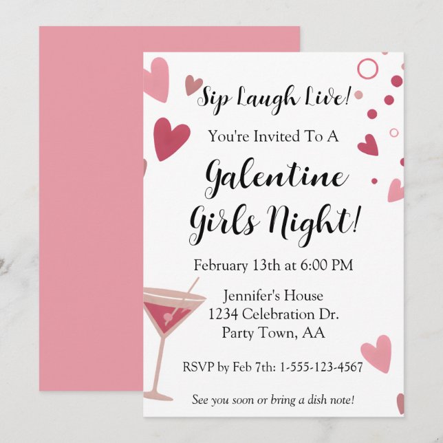 Invitation Galentine Girls Night Out Martini Pink (Devant / Derrière)
