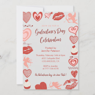 Invitation Galentine rose et rouge brunch coeurs 