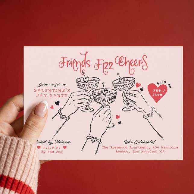 Invitation Galentine’s Pink Red Hand Drawn Cocktail Party (Galentine’s Pink Red Hand Drawn Cocktail Party Invitation)