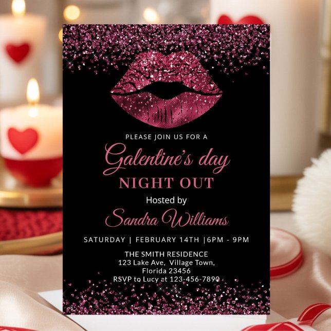 Invitation Galentine's Day Night Out Burgundy Lipstick (Burgundy Glitter Lipstick Galentine's day party invitation)