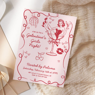 Invitation Galentines Filles Soirée Main Tiré rose