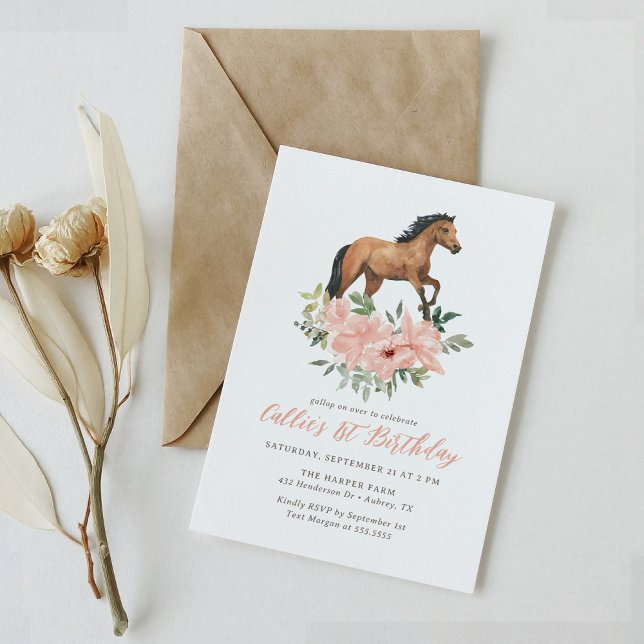 Invitation Gallop on Over Rose Floral Horse Anniversaire (Créateur téléchargé)
